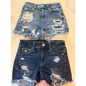 American Eagle Distressed Denim Shorts Bundle Size 000 Mom Short Midi Blue 2pk